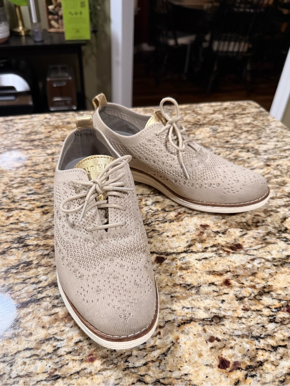 Cole Haan Women’s Knit Lace-Up Sneakers – Beige with Gold Accent